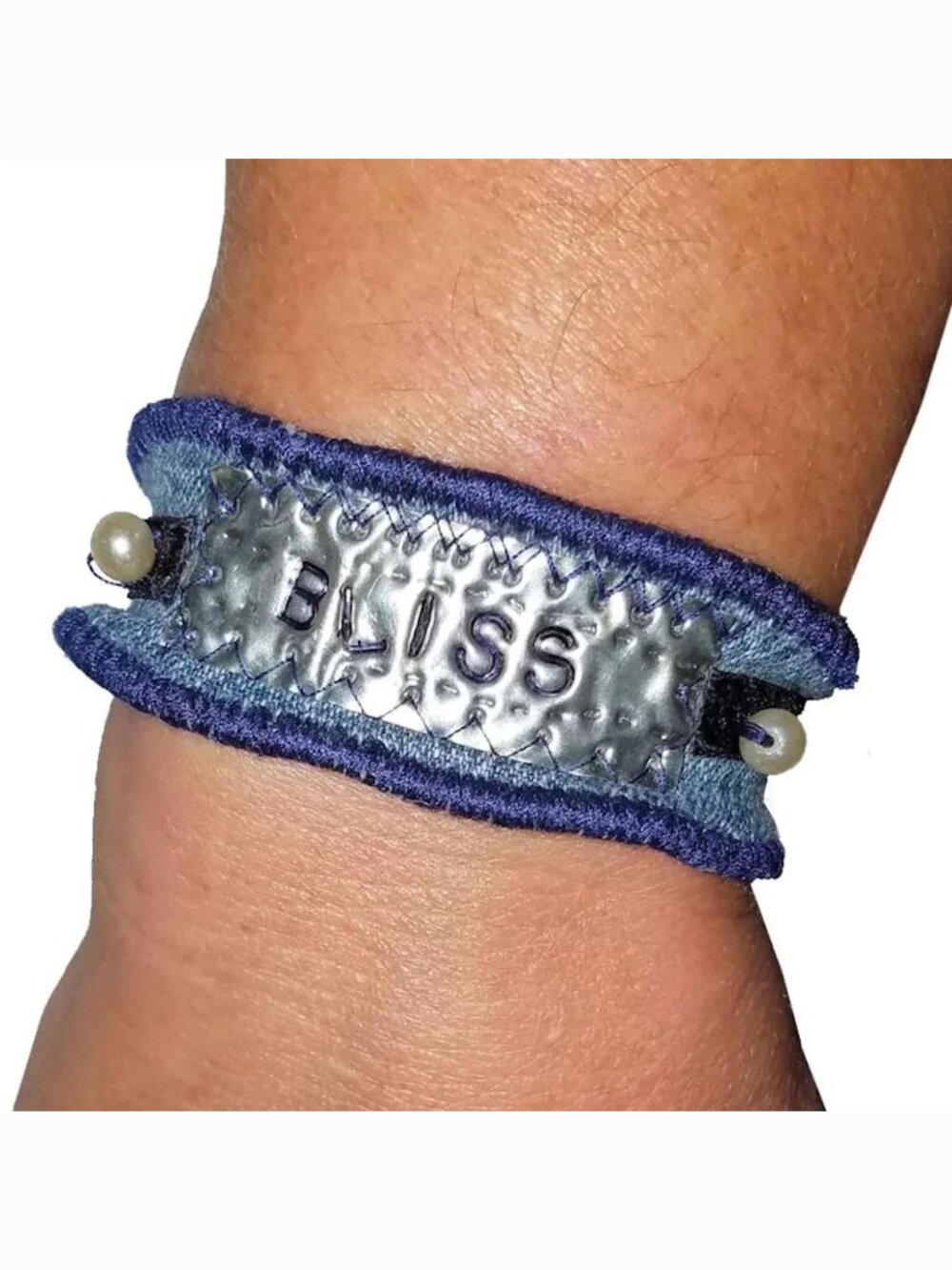 Bliss Denim Cuff Bracelet Hand Stamped Metal Vintage Velvet & Pearls Shabby Chic